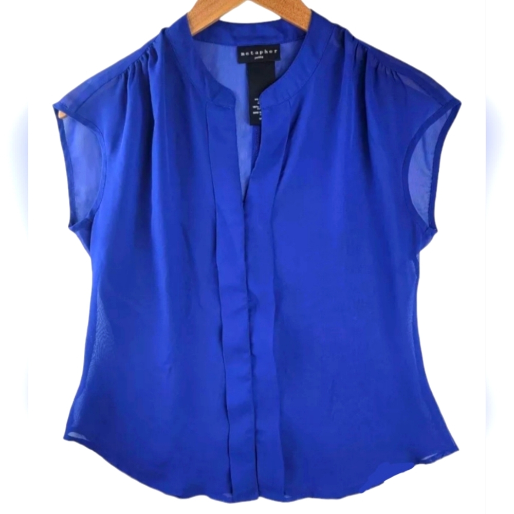Metaphor Sheer Blue Cap Short Sleeve Blouse V-Neck Womens Petite Small Coastal